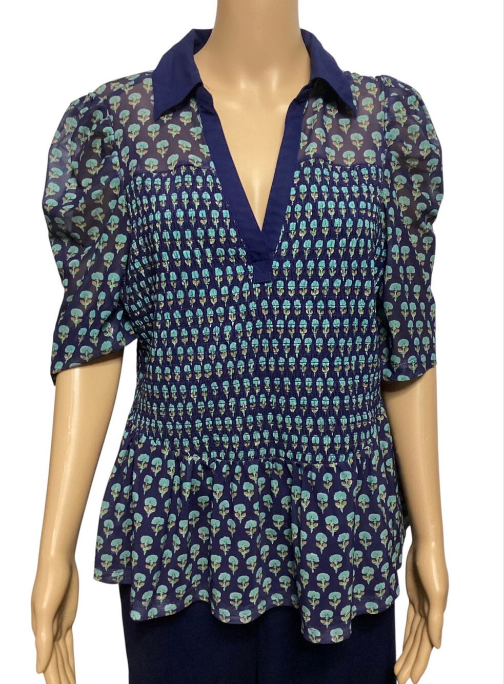 Maeve Anthropologie Floral Printed Short-Sleeve Smocked Polo Top - Size 1X blue